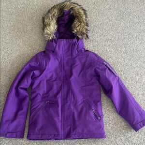 Roxy Purple Puffer Jacket with Faux Fur Hood and Water Resistant Fabric